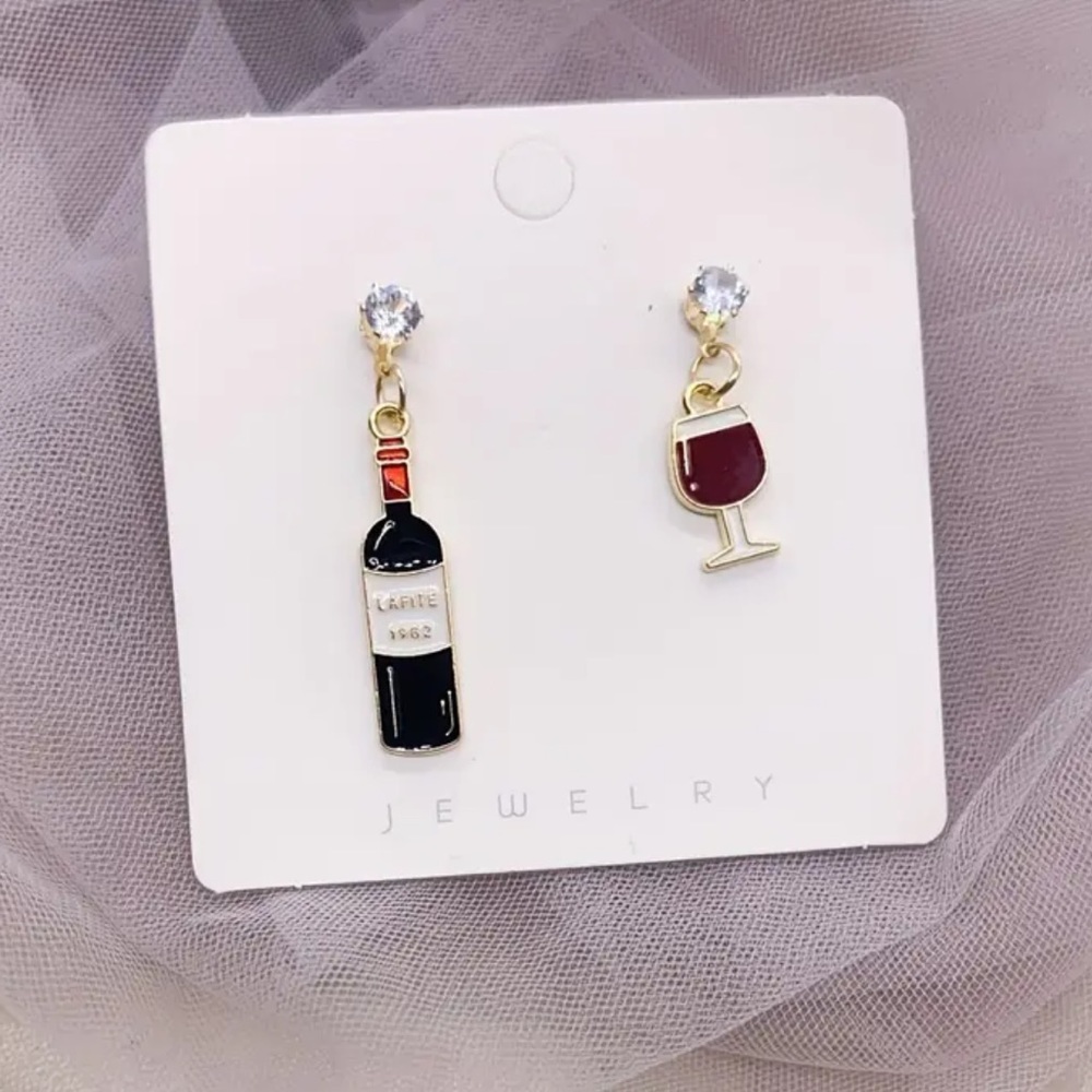 NEW Gold 18k plated Asymmetrical Wine Glass & Bottle Earrings
